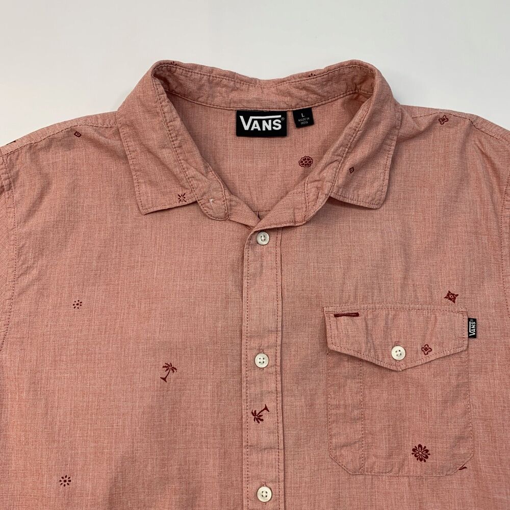 Vans Shirt Mens L Large Red Floral Palm Short Sleeve Chest Pocket Cotton - Picture 3 of 11